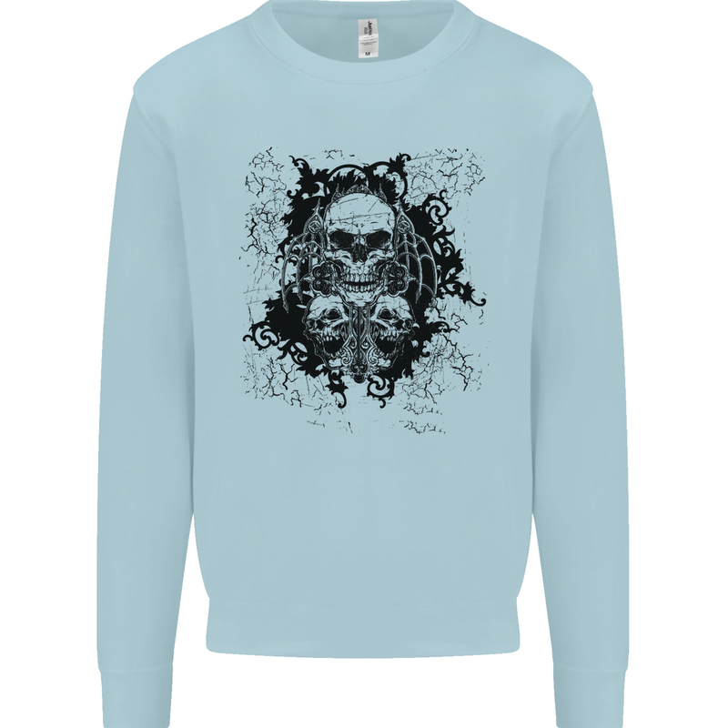 Three Skulls Demon Biker Gothic Tattoo Kids Sweatshirt Jumper Light Blue