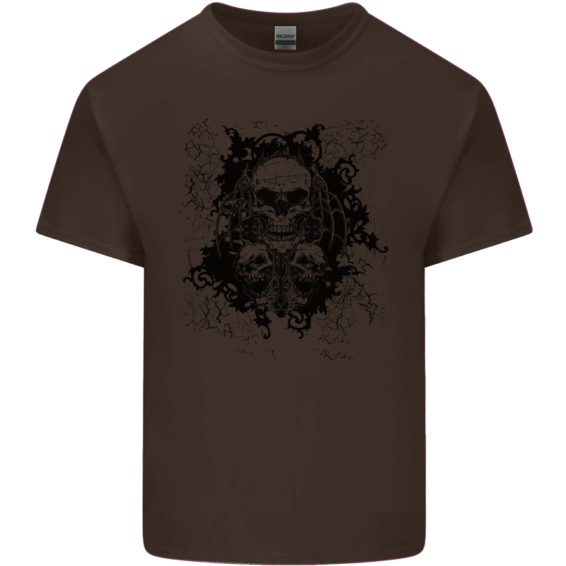 Three Skulls Demon Biker Gothic Tattoo Kids T-Shirt Childrens Chocolate