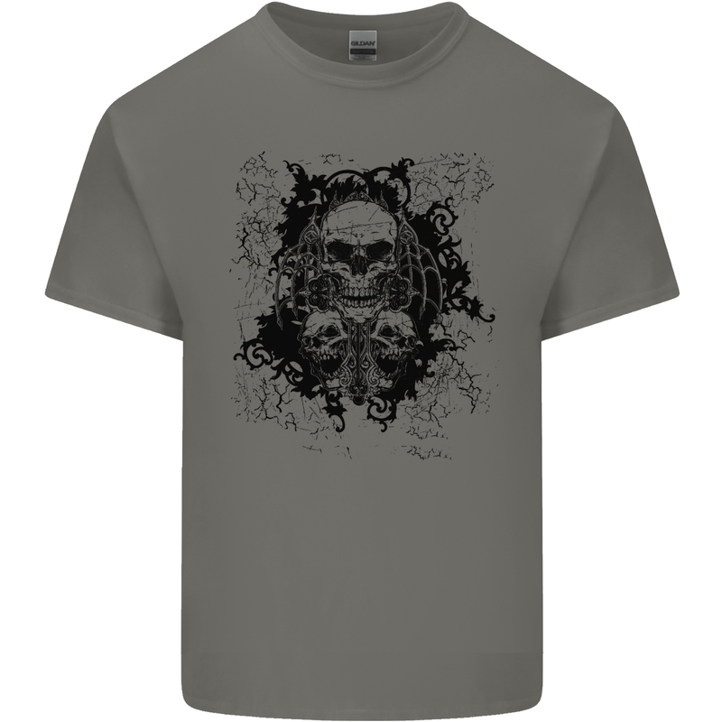 Three Skulls Demon Biker Gothic Tattoo Mens Cotton T-Shirt Tee Top Charcoal