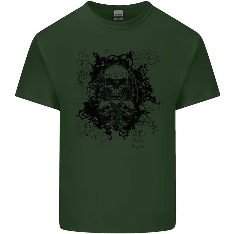 Three Skulls Demon Biker Gothic Tattoo Mens Cotton T-Shirt Tee Top Forest Green