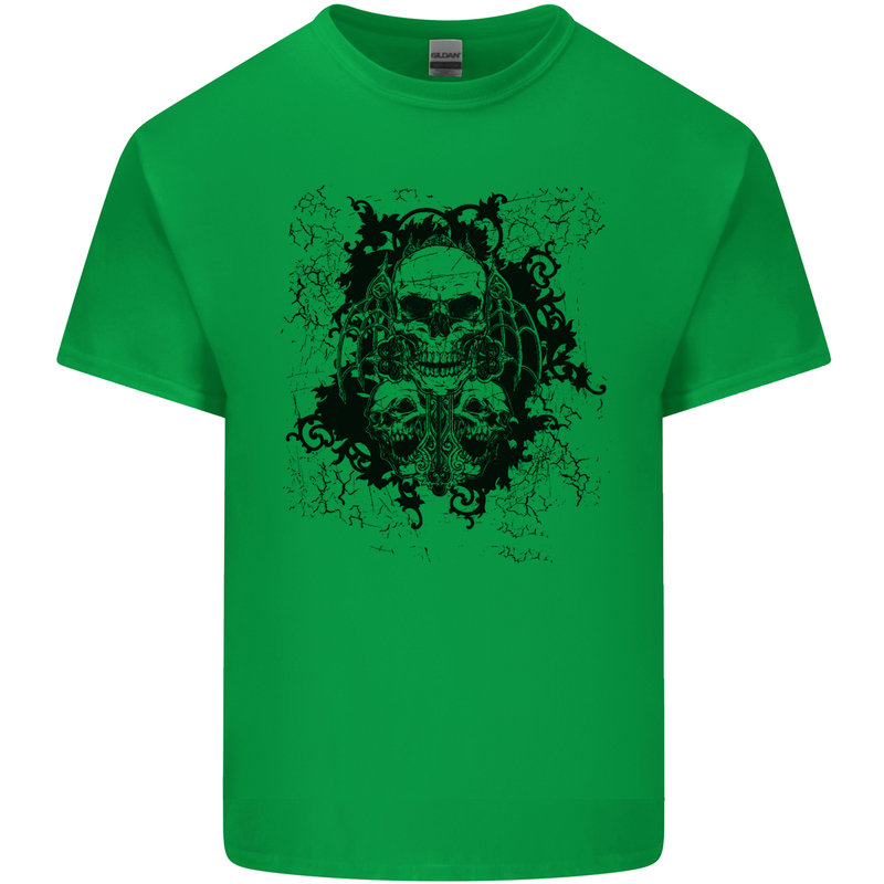 Three Skulls Demon Biker Gothic Tattoo Mens Cotton T-Shirt Tee Top Irish Green