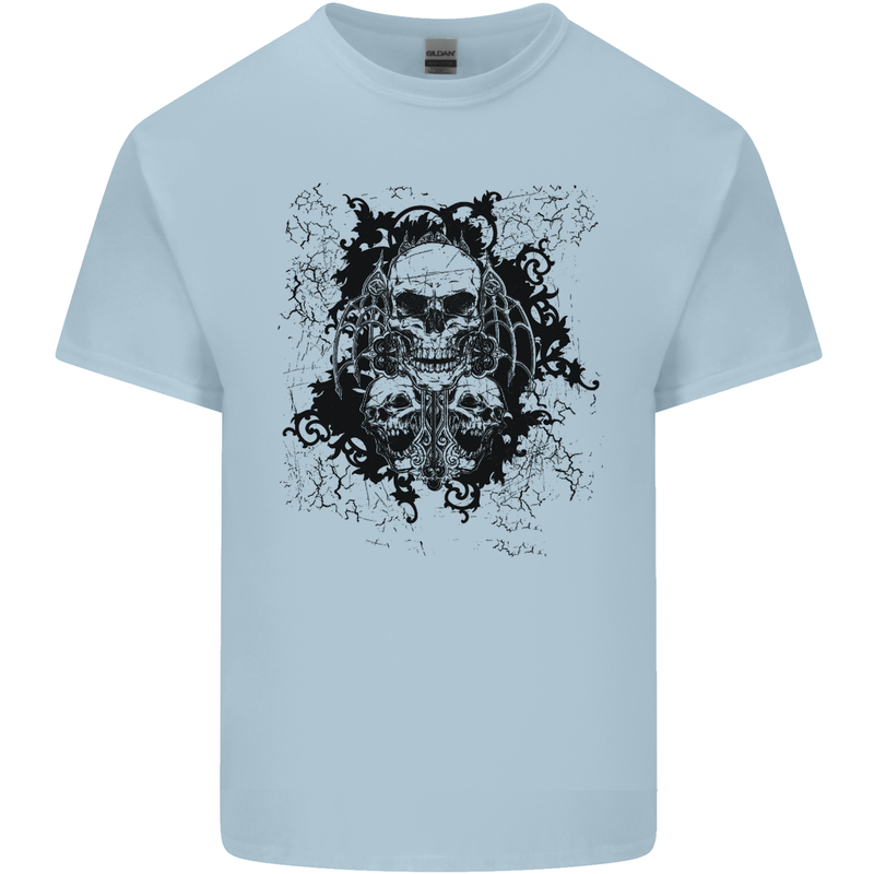 Three Skulls Demon Biker Gothic Tattoo Mens Cotton T-Shirt Tee Top Light Blue