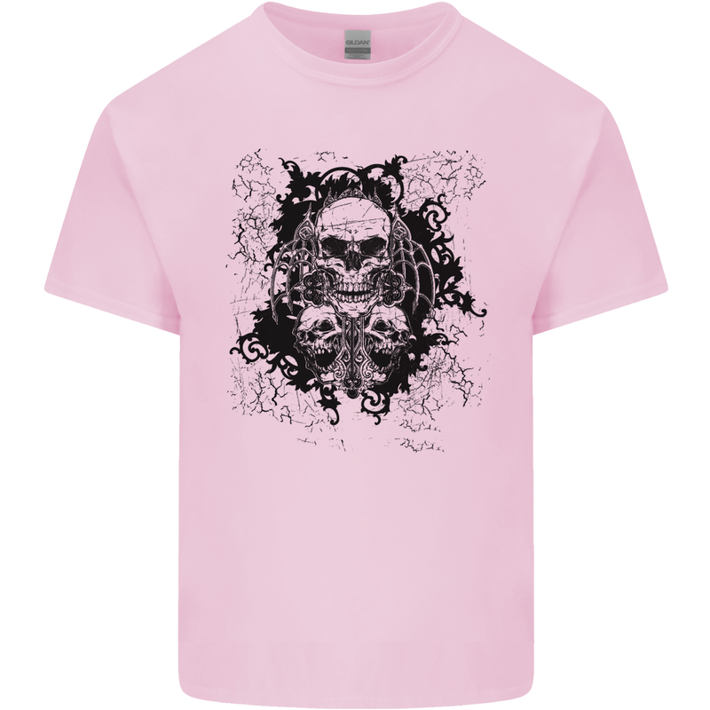 Three Skulls Demon Biker Gothic Tattoo Mens Cotton T-Shirt Tee Top Light Pink