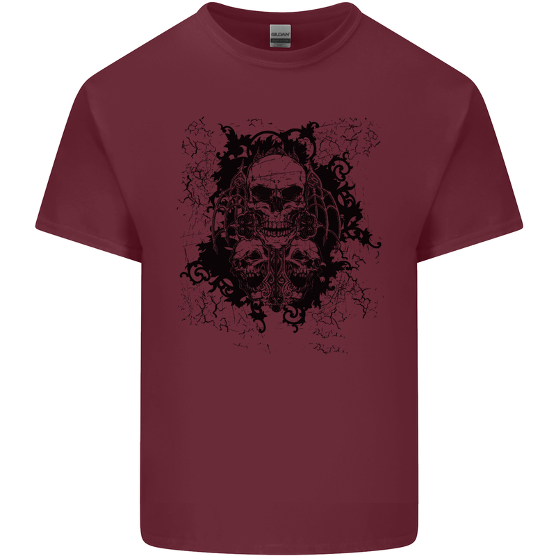 Three Skulls Demon Biker Gothic Tattoo Mens Cotton T-Shirt Tee Top Maroon