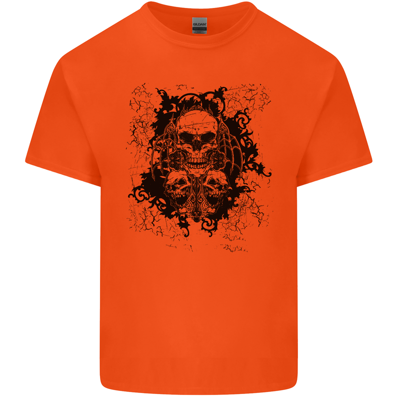 Three Skulls Demon Biker Gothic Tattoo Mens Cotton T-Shirt Tee Top Orange