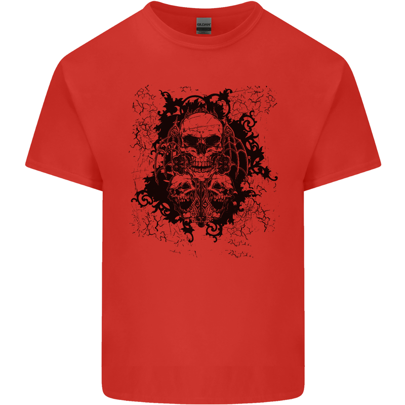 Three Skulls Demon Biker Gothic Tattoo Mens Cotton T-Shirt Tee Top Red
