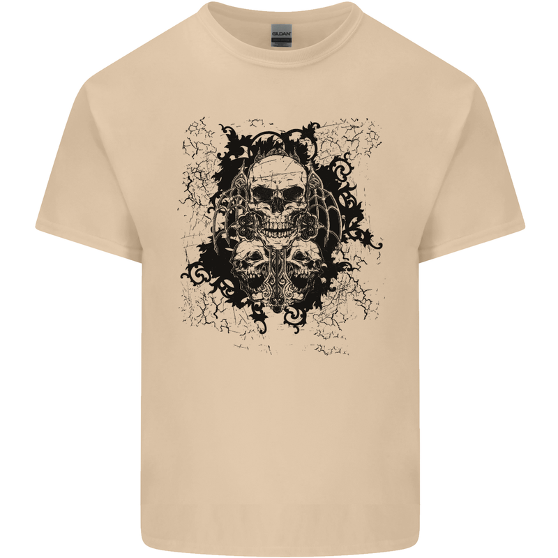 Three Skulls Demon Biker Gothic Tattoo Mens Cotton T-Shirt Tee Top Sand