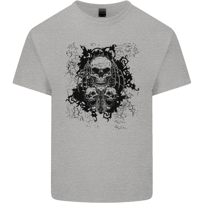 Three Skulls Demon Biker Gothic Tattoo Mens Cotton T-Shirt Tee Top Sports Grey