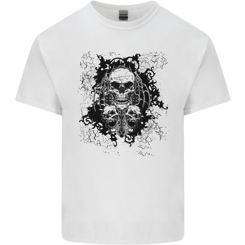Three Skulls Demon Biker Gothic Tattoo Mens Cotton T-Shirt Tee Top White