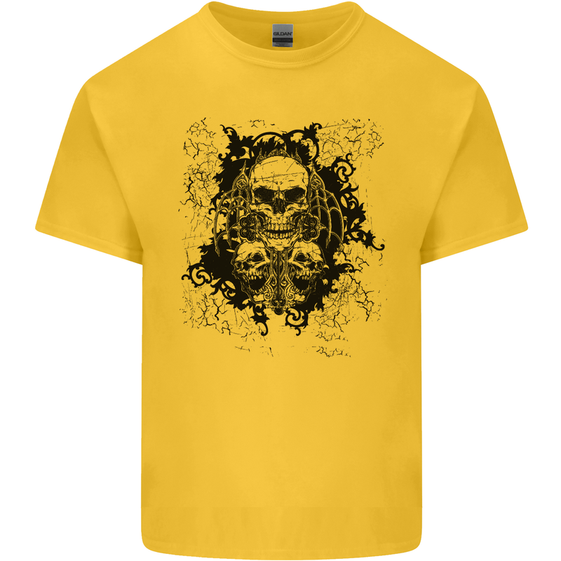 Three Skulls Demon Biker Gothic Tattoo Mens Cotton T-Shirt Tee Top Yellow