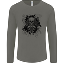 Three Skulls Demon Biker Gothic Tattoo Mens Long Sleeve T-Shirt Charcoal