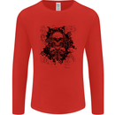 Three Skulls Demon Biker Gothic Tattoo Mens Long Sleeve T-Shirt Red