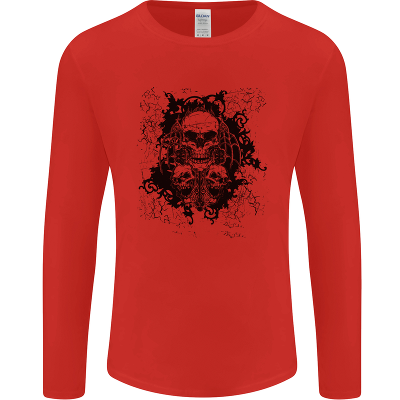 Three Skulls Demon Biker Gothic Tattoo Mens Long Sleeve T-Shirt Red