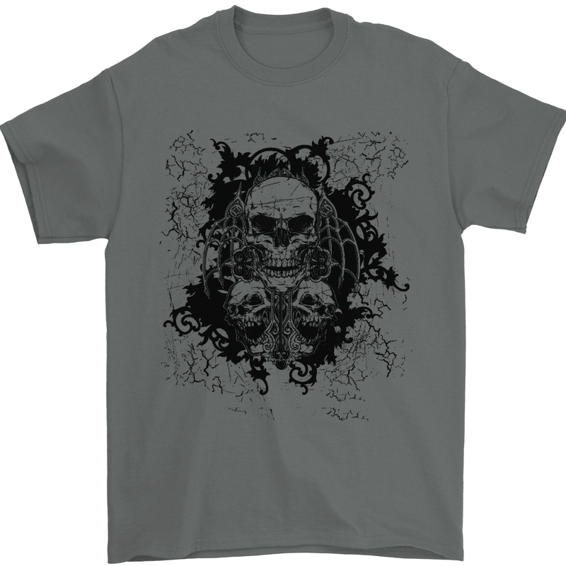 Three Skulls Demon Biker Gothic Tattoo Mens T-Shirt Cotton Gildan Charcoal