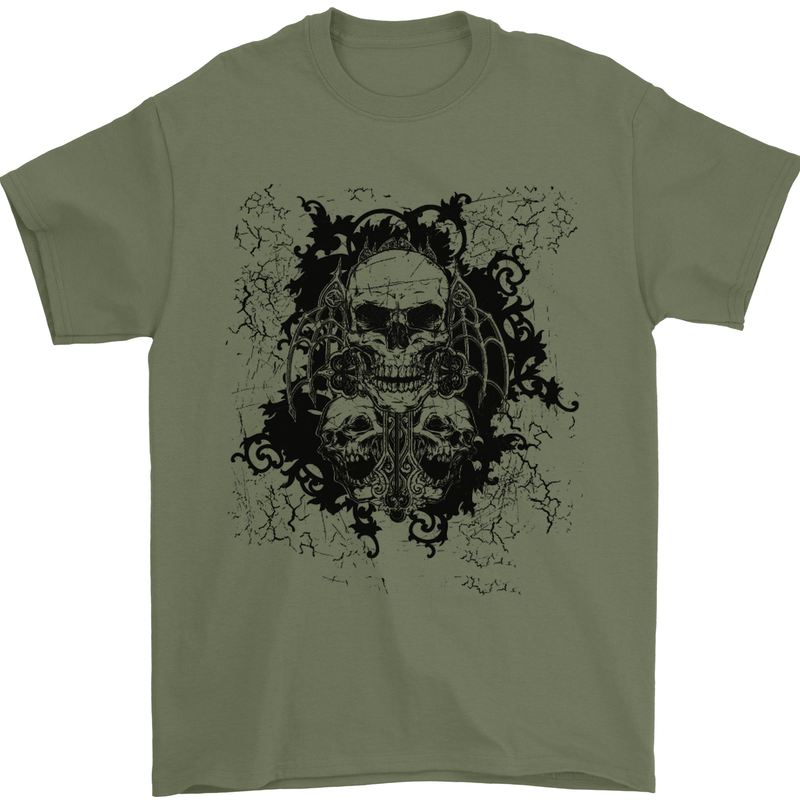 Three Skulls Demon Biker Gothic Tattoo Mens T-Shirt Cotton Gildan Military Green