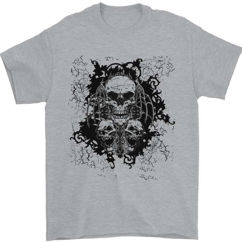 Three Skulls Demon Biker Gothic Tattoo Mens T-Shirt Cotton Gildan Sports Grey