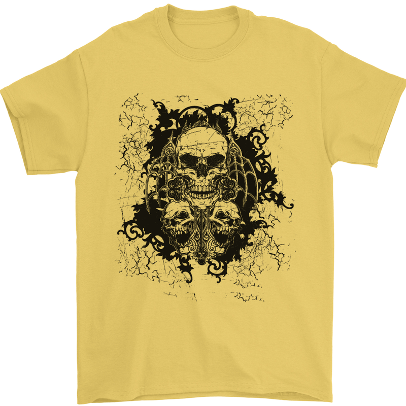 Three Skulls Demon Biker Gothic Tattoo Mens T-Shirt Cotton Gildan Yellow