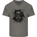 Three Skulls Demon Biker Gothic Tattoo Mens V-Neck Cotton T-Shirt Charcoal