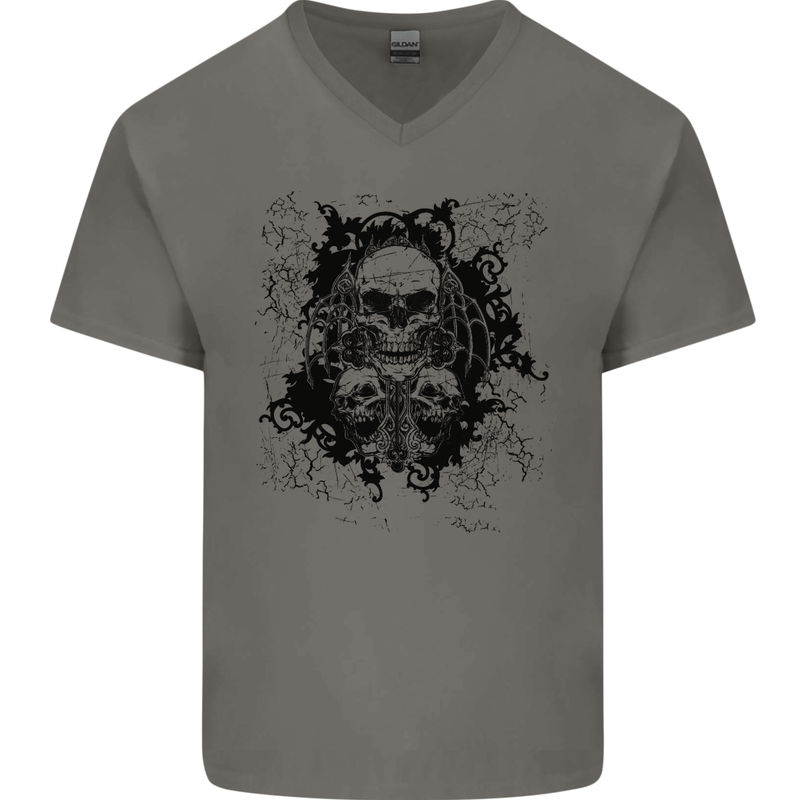 Three Skulls Demon Biker Gothic Tattoo Mens V-Neck Cotton T-Shirt Charcoal