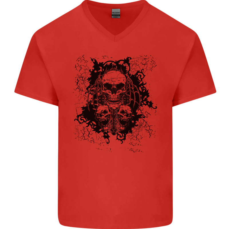 Three Skulls Demon Biker Gothic Tattoo Mens V-Neck Cotton T-Shirt Red