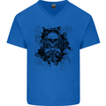 Three Skulls Demon Biker Gothic Tattoo Mens V-Neck Cotton T-Shirt Royal Blue