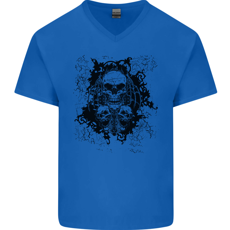 Three Skulls Demon Biker Gothic Tattoo Mens V-Neck Cotton T-Shirt Royal Blue