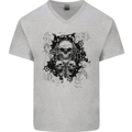 Three Skulls Demon Biker Gothic Tattoo Mens V-Neck Cotton T-Shirt Sports Grey