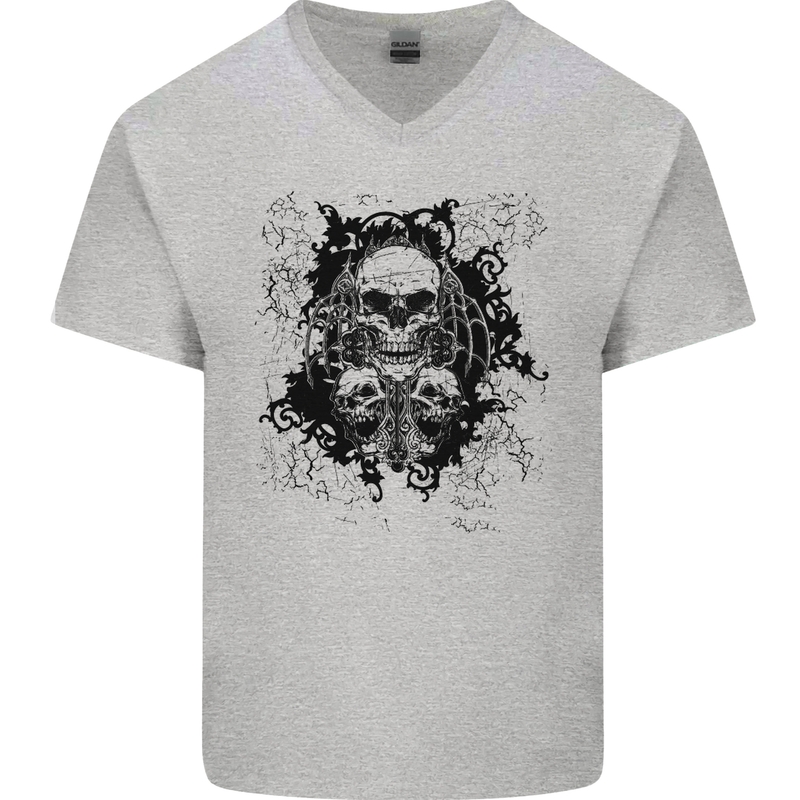 Three Skulls Demon Biker Gothic Tattoo Mens V-Neck Cotton T-Shirt Sports Grey