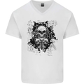 Three Skulls Demon Biker Gothic Tattoo Mens V-Neck Cotton T-Shirt White