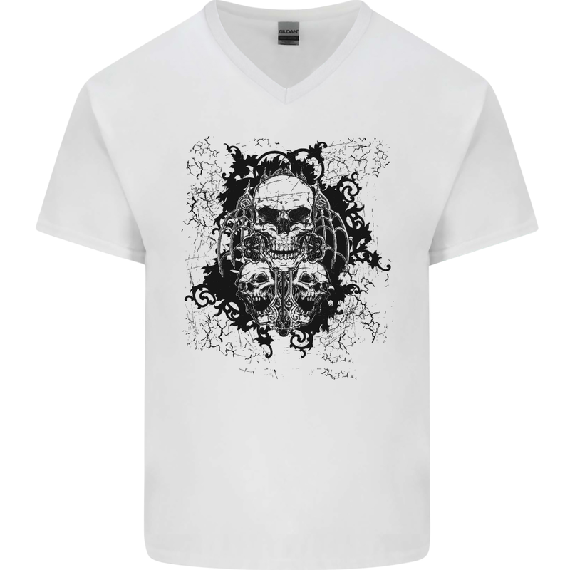 Three Skulls Demon Biker Gothic Tattoo Mens V-Neck Cotton T-Shirt White