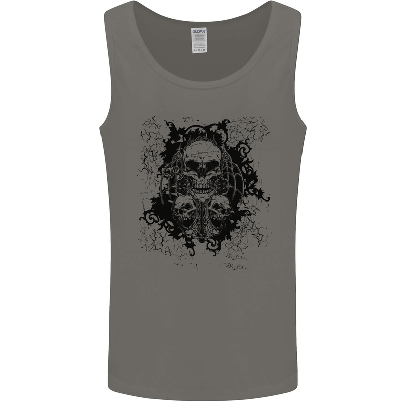 Three Skulls Demon Biker Gothic Tattoo Mens Vest Tank Top Charcoal