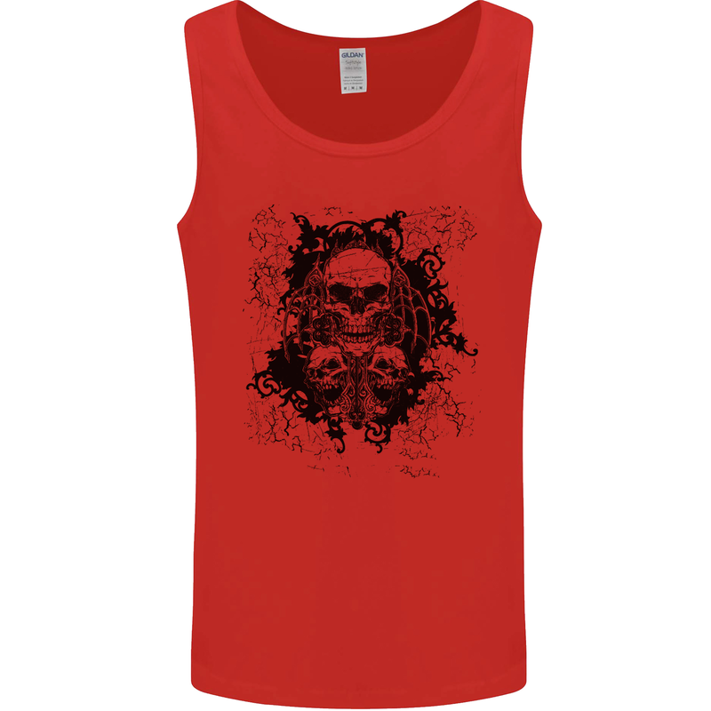 Three Skulls Demon Biker Gothic Tattoo Mens Vest Tank Top Red