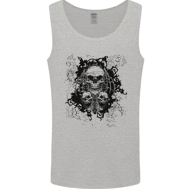 Three Skulls Demon Biker Gothic Tattoo Mens Vest Tank Top Sports Grey