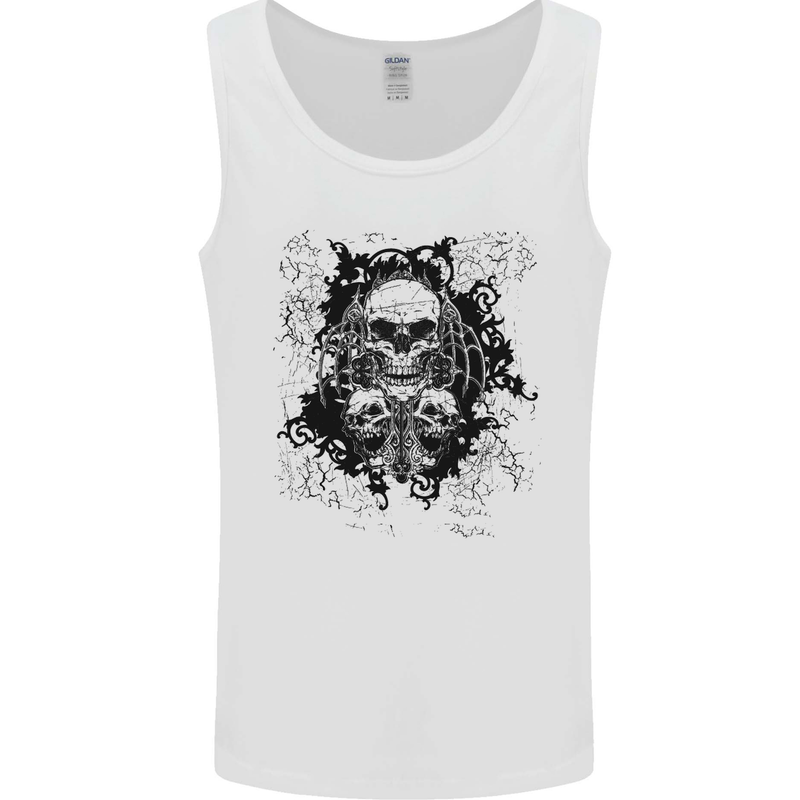 Three Skulls Demon Biker Gothic Tattoo Mens Vest Tank Top White