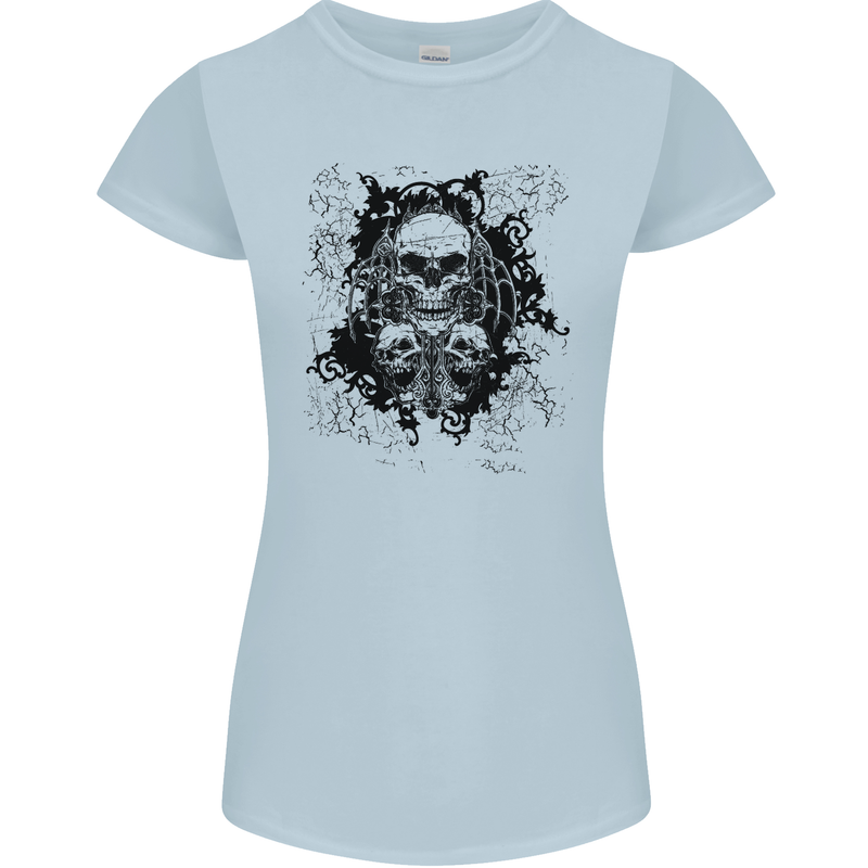 Three Skulls Demon Biker Gothic Tattoo Womens Petite Cut T-Shirt Light Blue