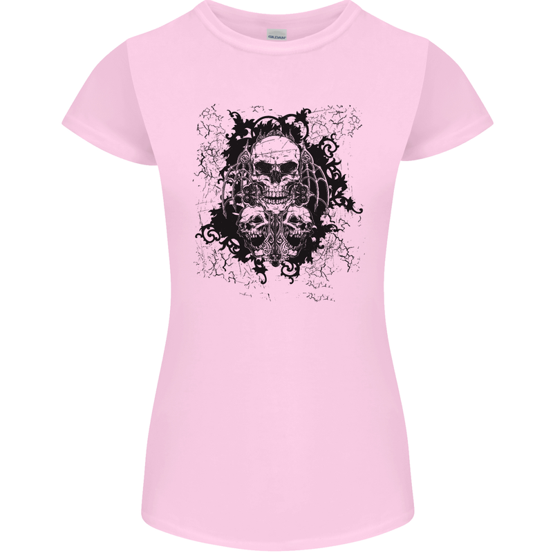 Three Skulls Demon Biker Gothic Tattoo Womens Petite Cut T-Shirt Light Pink