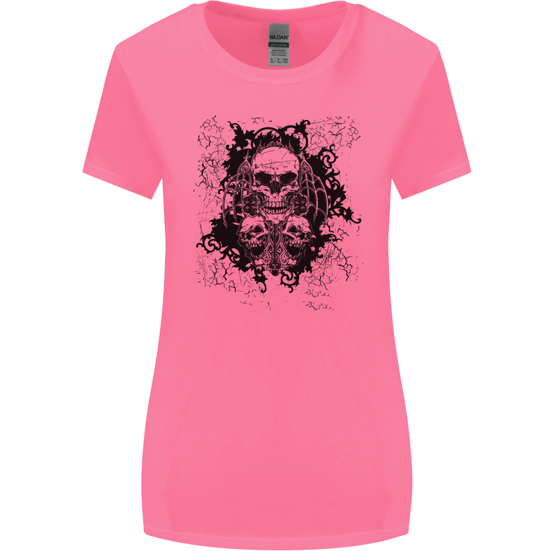 Three Skulls Demon Biker Gothic Tattoo Womens Wider Cut T-Shirt Azalea