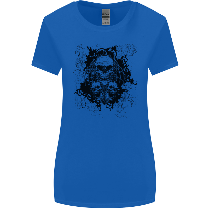 Three Skulls Demon Biker Gothic Tattoo Womens Wider Cut T-Shirt Royal Blue