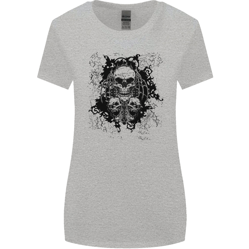 Three Skulls Demon Biker Gothic Tattoo Womens Wider Cut T-Shirt Sports Grey