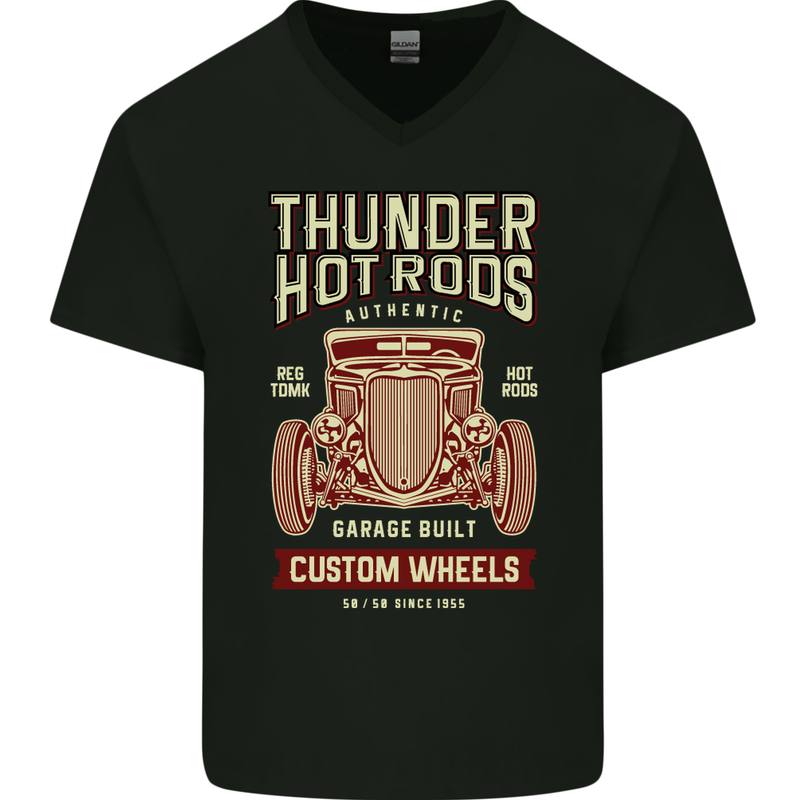 Thunder Hotrods Hot Rod Dragster Car Mens V-Neck Cotton T-Shirt Black