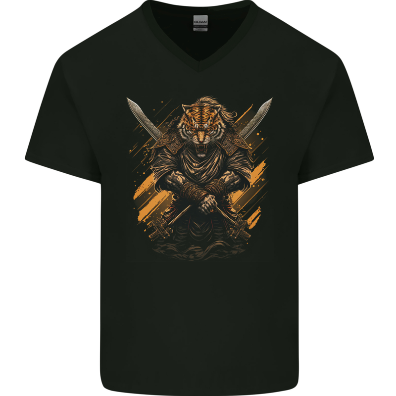 Tiger Warrior Fantasy MMA Martial Arts Mens V-Neck Cotton T-Shirt Black