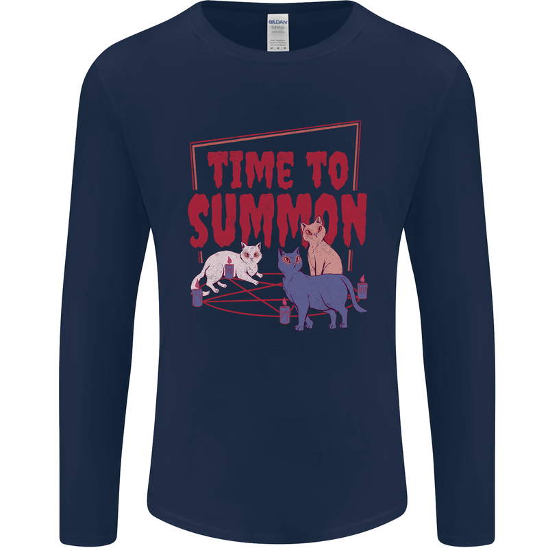 Time to Summon Cats Let's Summon Demons Mens Long Sleeve T-Shirt Navy Blue