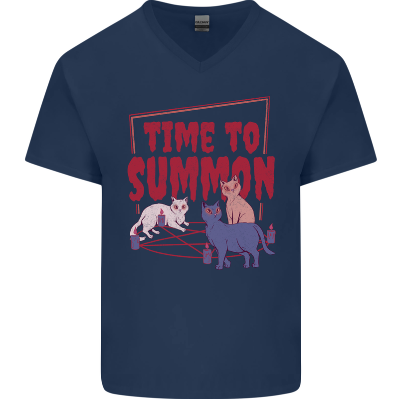 Time to Summon Cats Let's Summon Demons Mens V-Neck Cotton T-Shirt Navy Blue