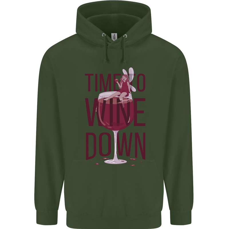 Time to Wine Down Funny Alcohol Mens 80% Cotton Hoodie Forest Green