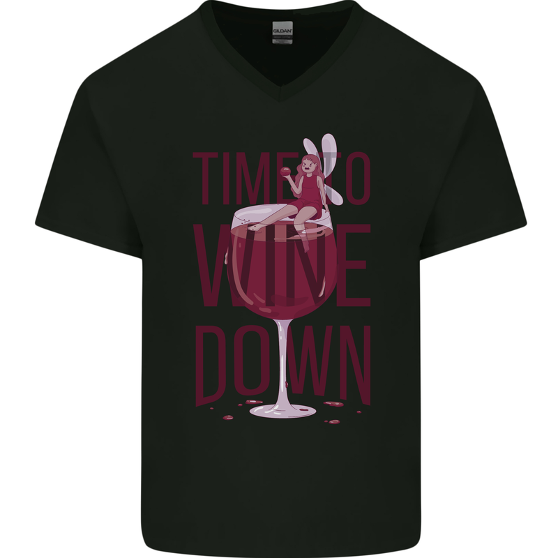 Time to Wine Down Funny Alcohol Mens V-Neck Cotton T-Shirt Black