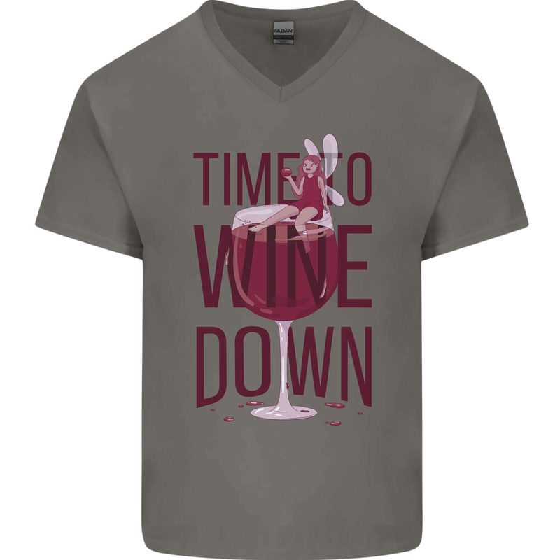 Time to Wine Down Funny Alcohol Mens V-Neck Cotton T-Shirt Charcoal