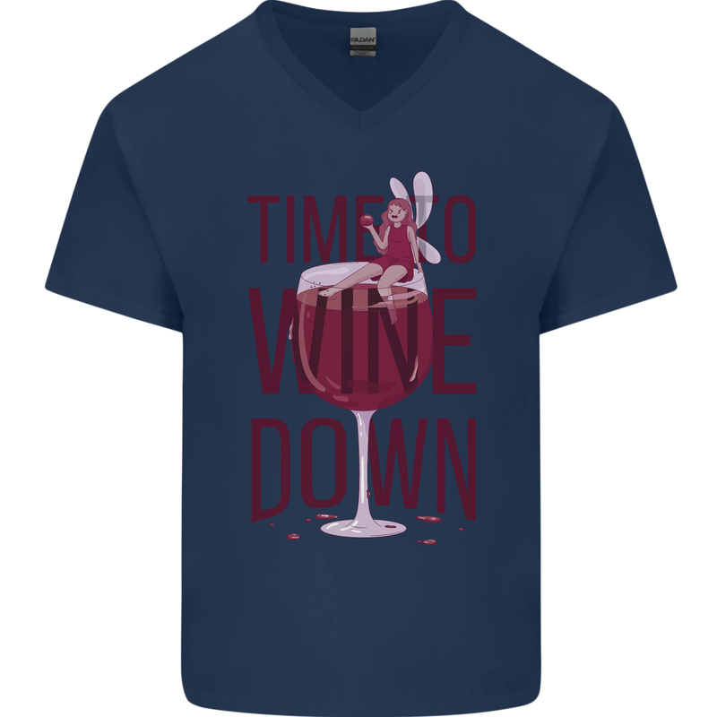 Time to Wine Down Funny Alcohol Mens V-Neck Cotton T-Shirt Navy Blue