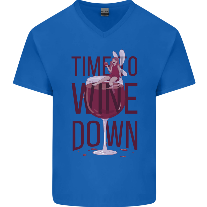 Time to Wine Down Funny Alcohol Mens V-Neck Cotton T-Shirt Royal Blue