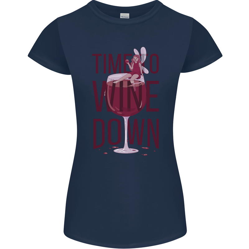 Time to Wine Down Funny Alcohol Womens Petite Cut T-Shirt Navy Blue