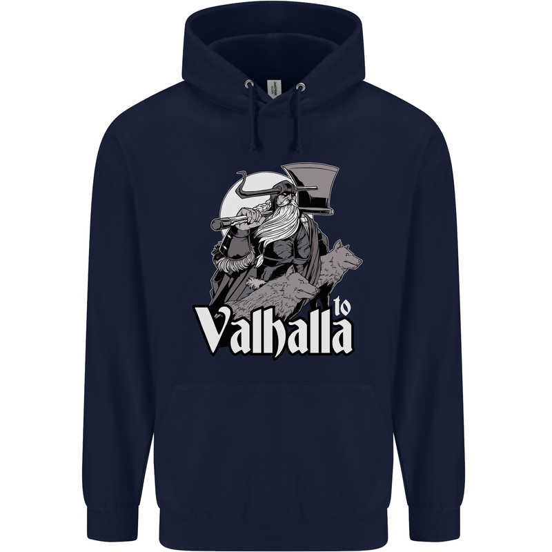 To Valhalla Viking Warrior Odin Childrens Kids Hoodie Navy Blue